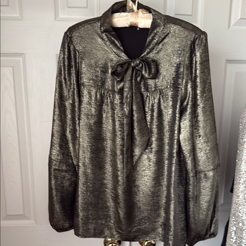 DKNY black & gold metallic Tie Front Blouse